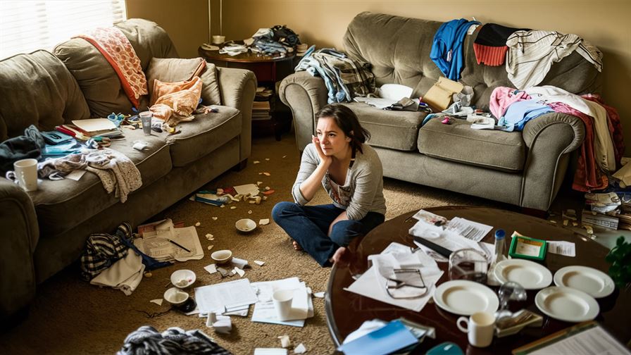 woman sitting in a sitting room full of mess, disappointed and frustrated